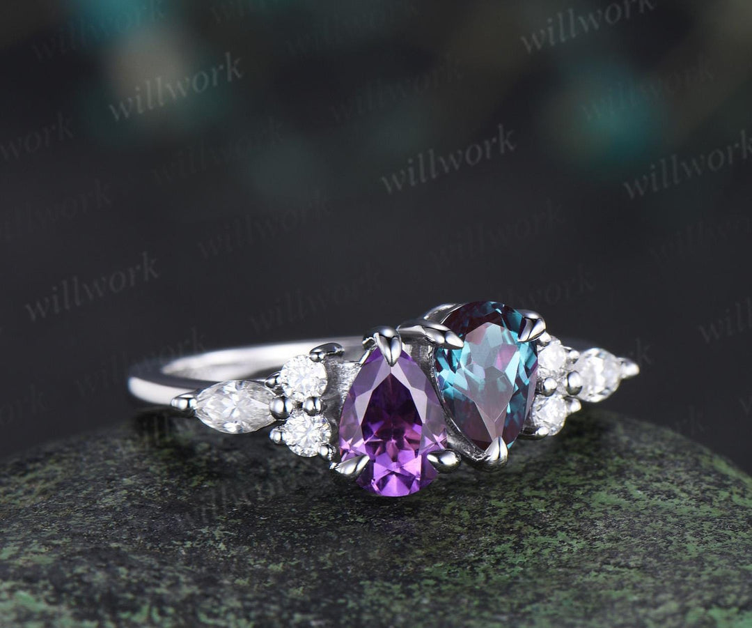 Teardrop amethyst alexandrite ring toi et moi unique two stone claw prong engagement ring