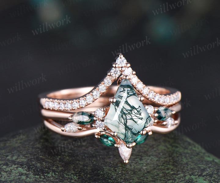 Kite cut moss agate engagement ring set emerald half eternity moissanite wedding band rose gold bridal set