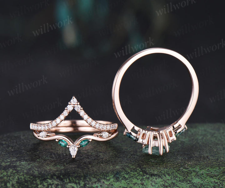 Kite cut moss agate engagement ring set emerald half eternity moissanite wedding band rose gold bridal set