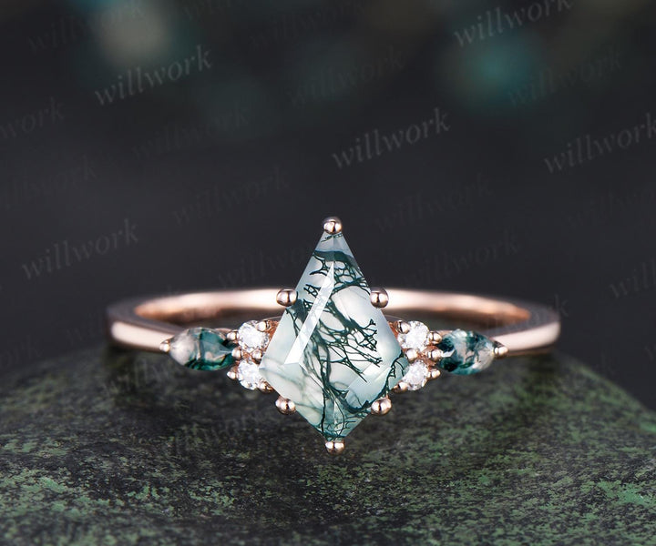 Kite cut moss agate engagement ring set emerald half eternity moissanite wedding band rose gold bridal set