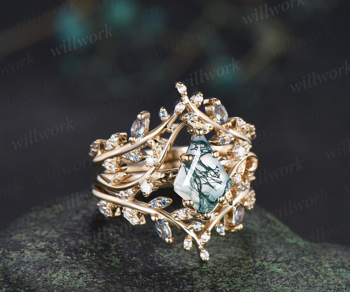 3pcs kite cut natural moss agate engagement ring yellow gold leaf cluster nature inspired alexandrite wedding bridal ring set women