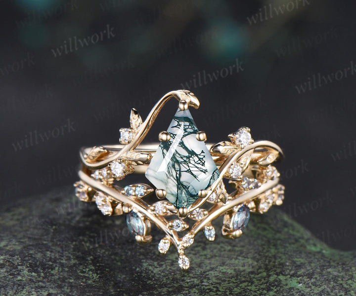 3pcs kite cut natural moss agate engagement ring yellow gold leaf cluster nature inspired alexandrite wedding bridal ring set women