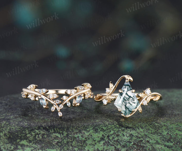 3pcs kite cut natural moss agate engagement ring yellow gold leaf cluster nature inspired alexandrite wedding bridal ring set women