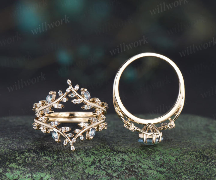 3pcs kite cut natural moss agate engagement ring yellow gold leaf cluster nature inspired alexandrite wedding bridal ring set women