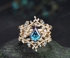 Vintage kite cut alexandrite engagement ring leaf cluster nature inspired moissanite promise anniversary ring set jewelry