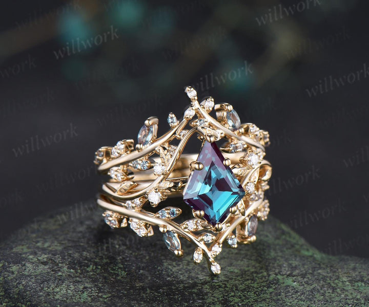 Vintage kite cut alexandrite engagement ring leaf cluster nature inspired moissanite promise anniversary ring set jewelry