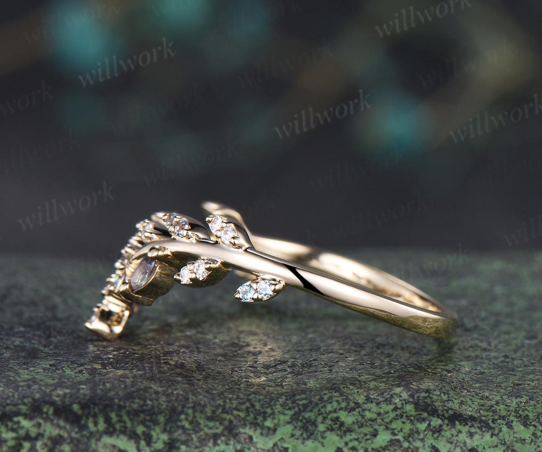 Leaf marquise alexandrite moissanite curved wedding band cluster stacking bridal ring women