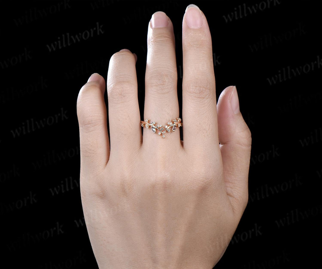 Leaf marquise alexandrite moissanite curved wedding band cluster stacking bridal ring women