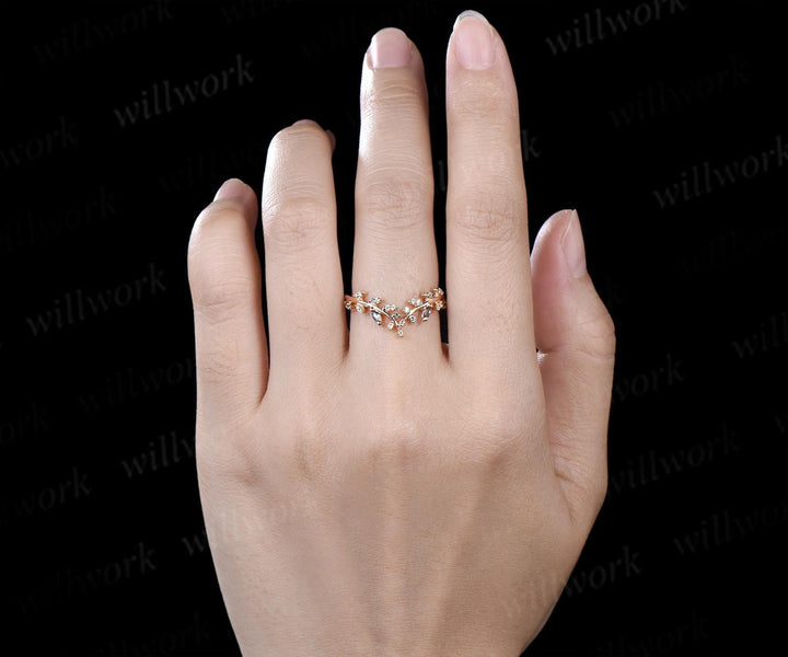 Leaf marquise alexandrite moissanite curved wedding band cluster stacking bridal ring women