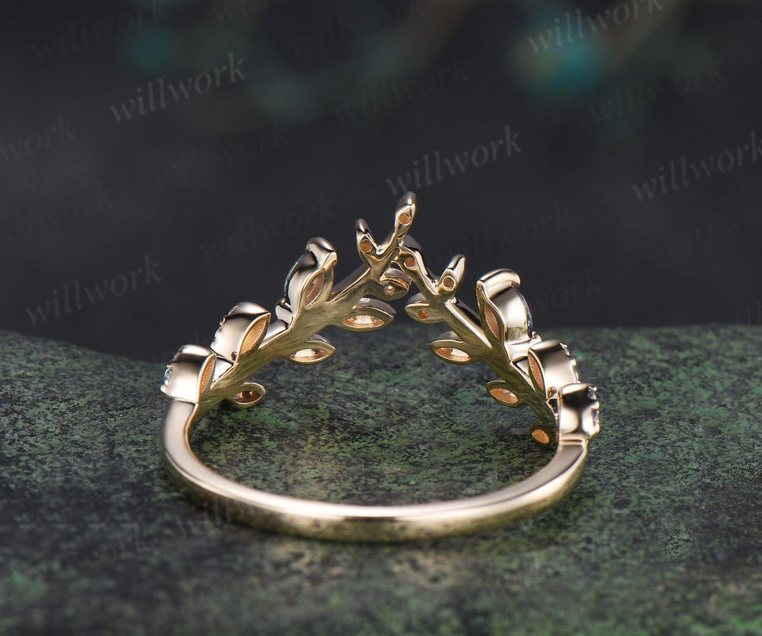 Leaf marquise alexandrite moissanite curved wedding band cluster stacking bridal ring women