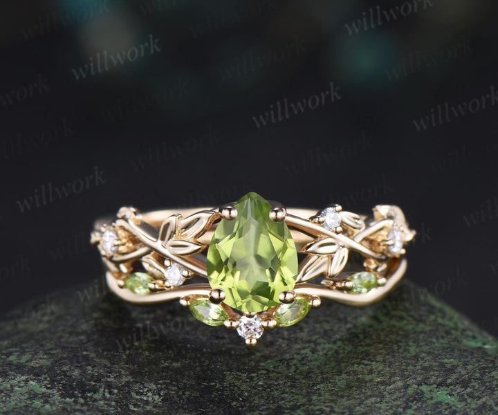 Teardrop pear shaped peridot ring vintage infinity leaf engagement ring set bridal ring set women jewelry