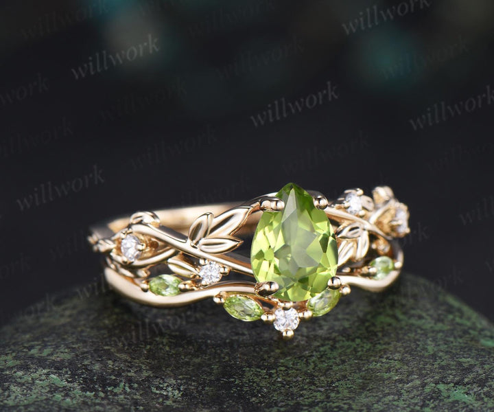 Teardrop pear shaped peridot ring vintage infinity leaf engagement ring set bridal ring set women jewelry