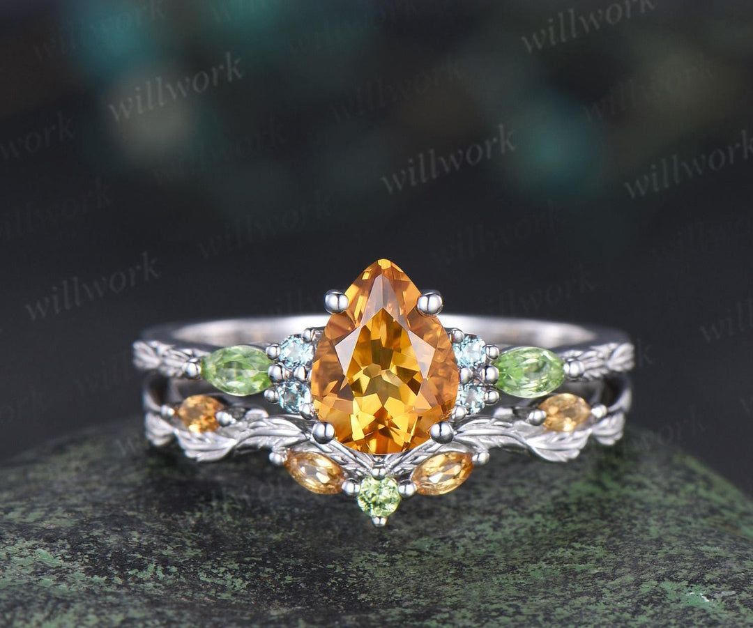 Curved citrine peridot wedding band leaf five stone stacking band bridal ring