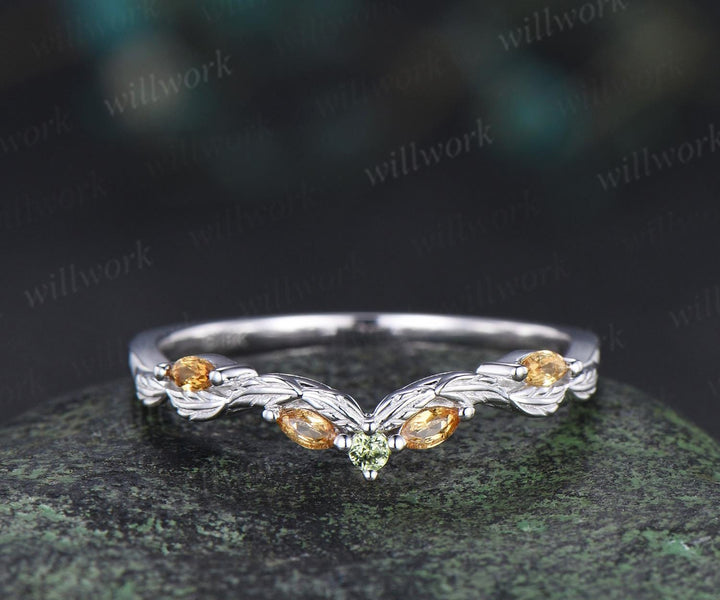 Curved citrine peridot wedding band leaf five stone stacking band bridal ring