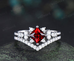 Princess cut red garnet engagement ring cluster diamond wedding ring set women January birthstone