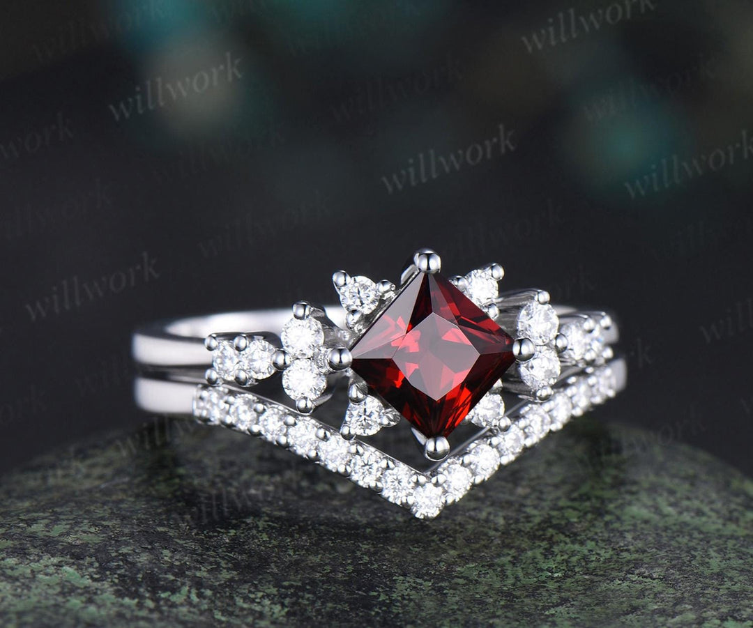 Princess cut red garnet engagement ring cluster diamond wedding ring set women January birthstone