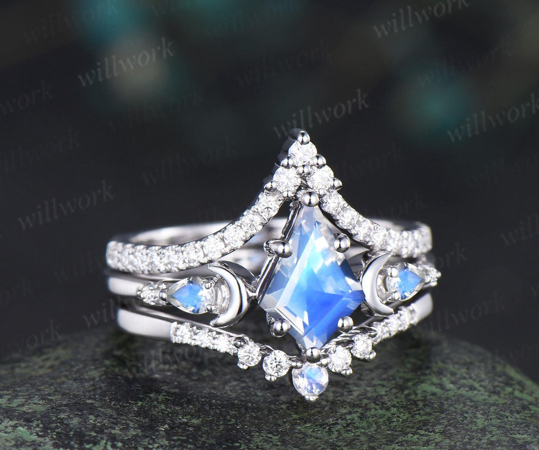 kite cut moonstone engagement ring set moon diamond five stone unique bridal set women jewelry