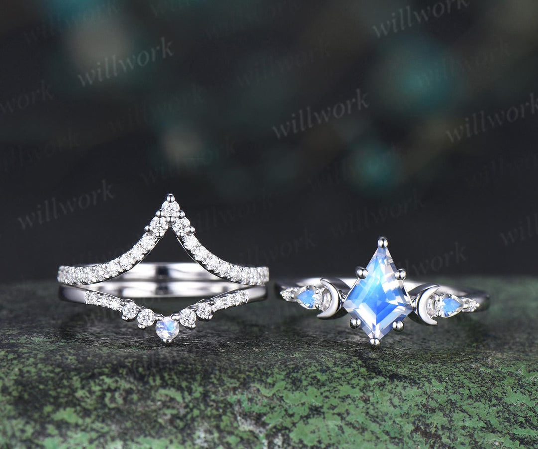 kite cut moonstone engagement ring set moon diamond five stone unique bridal set women jewelry