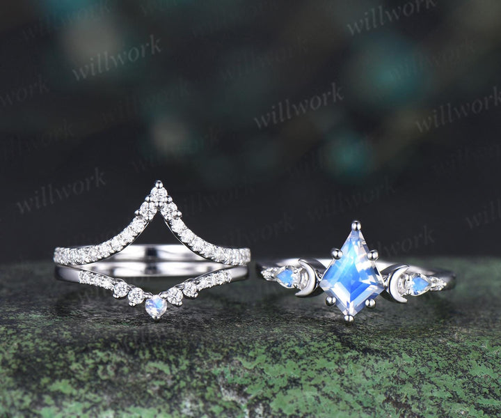 kite cut moonstone engagement ring set moon diamond five stone unique bridal set women jewelry