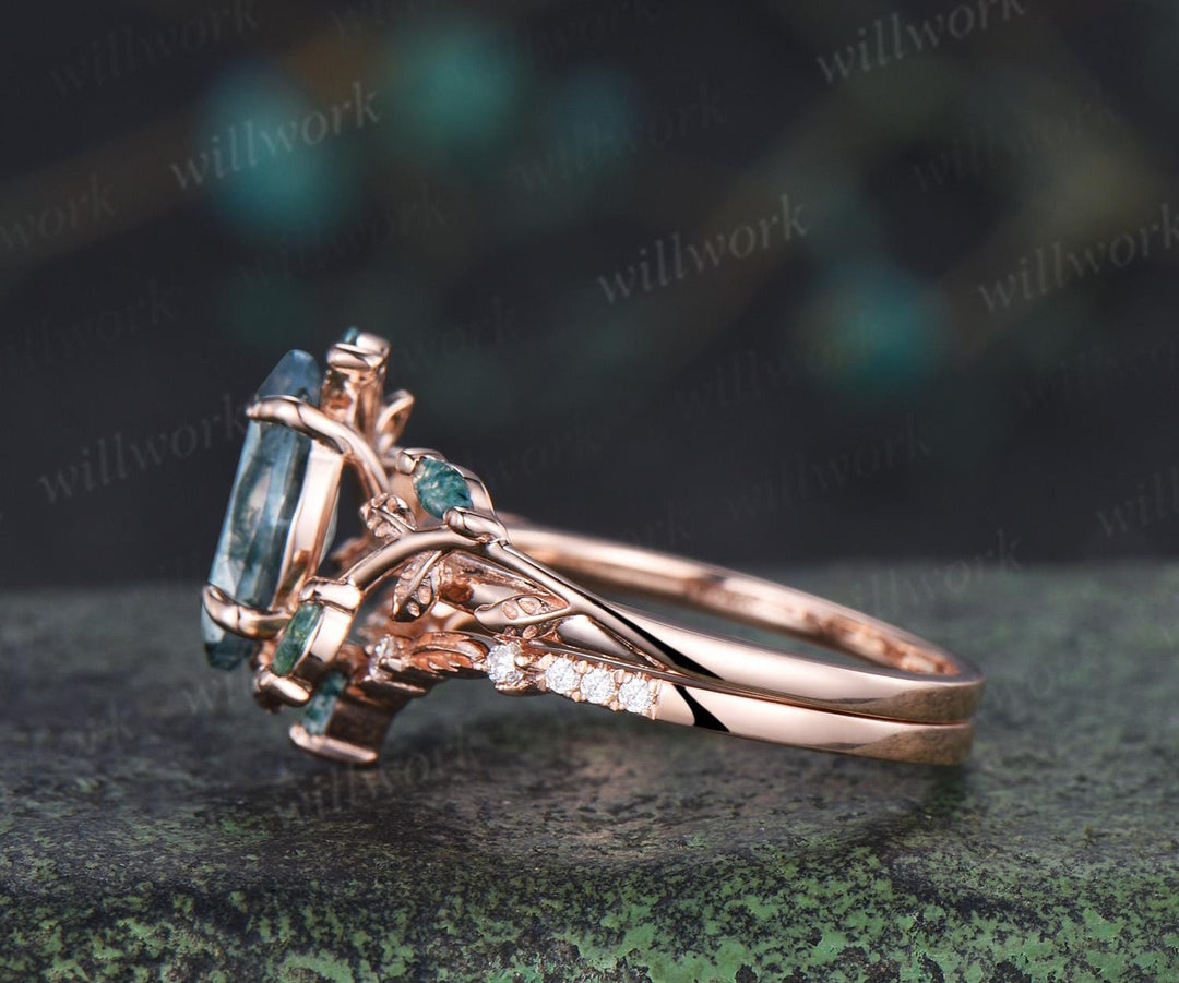 1ct marquise cut natural moss agate engagement ring vintage branch leaf nature inspired bridal wedding ring set jewelry