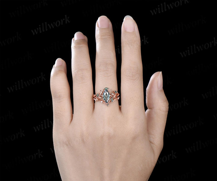 1ct marquise cut natural moss agate engagement ring vintage branch leaf nature inspired bridal wedding ring set jewelry