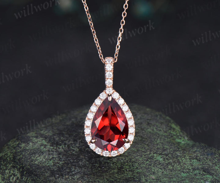 4ct teardrop pear cut red garnet necklace vintage unique halo diamond necklace pendant women promise anniversary gift