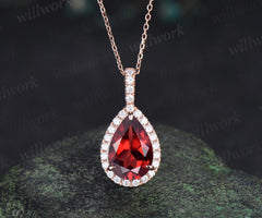 4ct teardrop pear cut red garnet necklace vintage unique halo diamond necklace pendant women promise anniversary gift