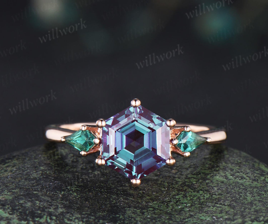 Hexagon cut Alexandrite engagement ring kite emerald three stone 6 prong enhancer wedding bridal ring set