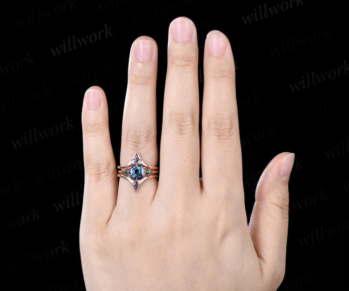 Hexagon cut Alexandrite engagement ring kite emerald three stone 6 prong enhancer wedding bridal ring set