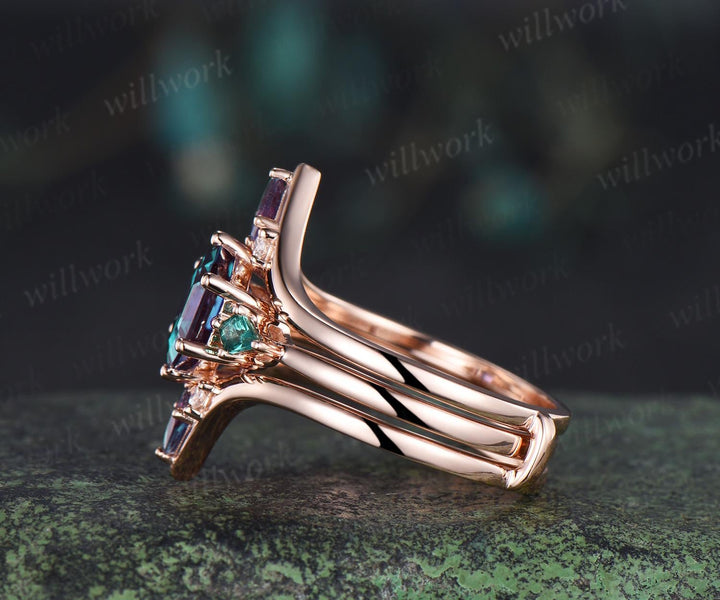 Hexagon cut Alexandrite engagement ring kite emerald three stone 6 prong enhancer wedding bridal ring set