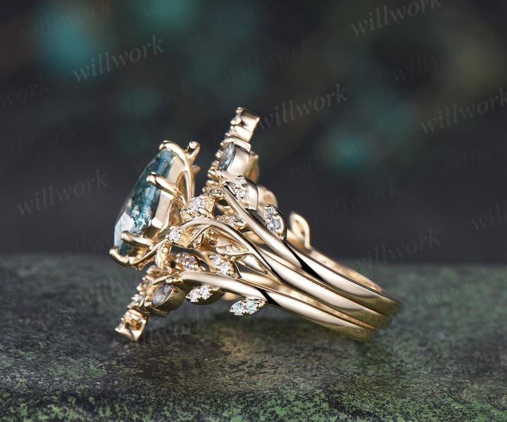 3pcs kite cut natural moss agate engagement ring yellow gold leaf cluster nature inspired alexandrite wedding bridal ring set women