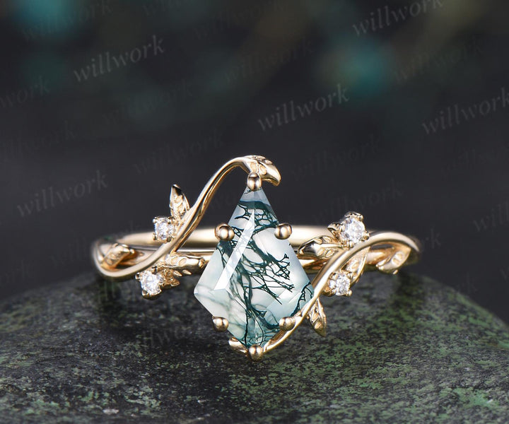 3pcs kite cut natural moss agate engagement ring yellow gold leaf cluster nature inspired alexandrite wedding bridal ring set women