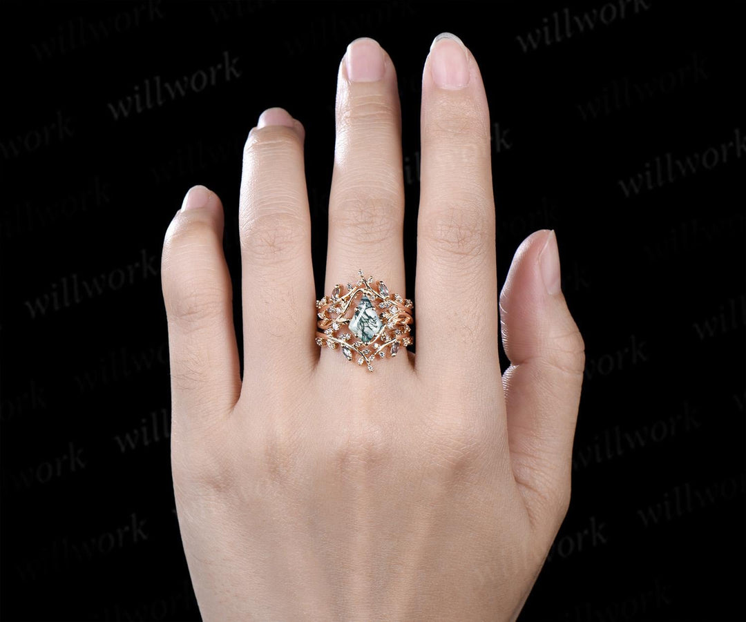 3pcs kite cut natural moss agate engagement ring yellow gold leaf cluster nature inspired alexandrite wedding bridal ring set women