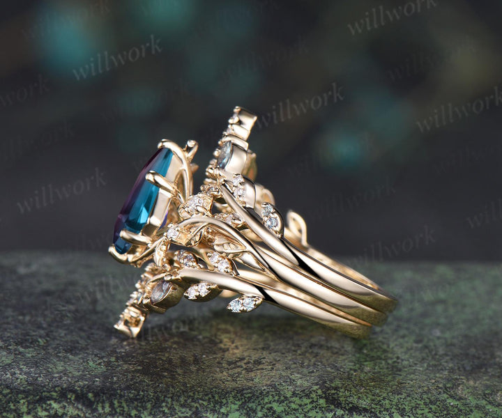 Vintage kite cut alexandrite engagement ring leaf cluster nature inspired moissanite promise anniversary ring set jewelry