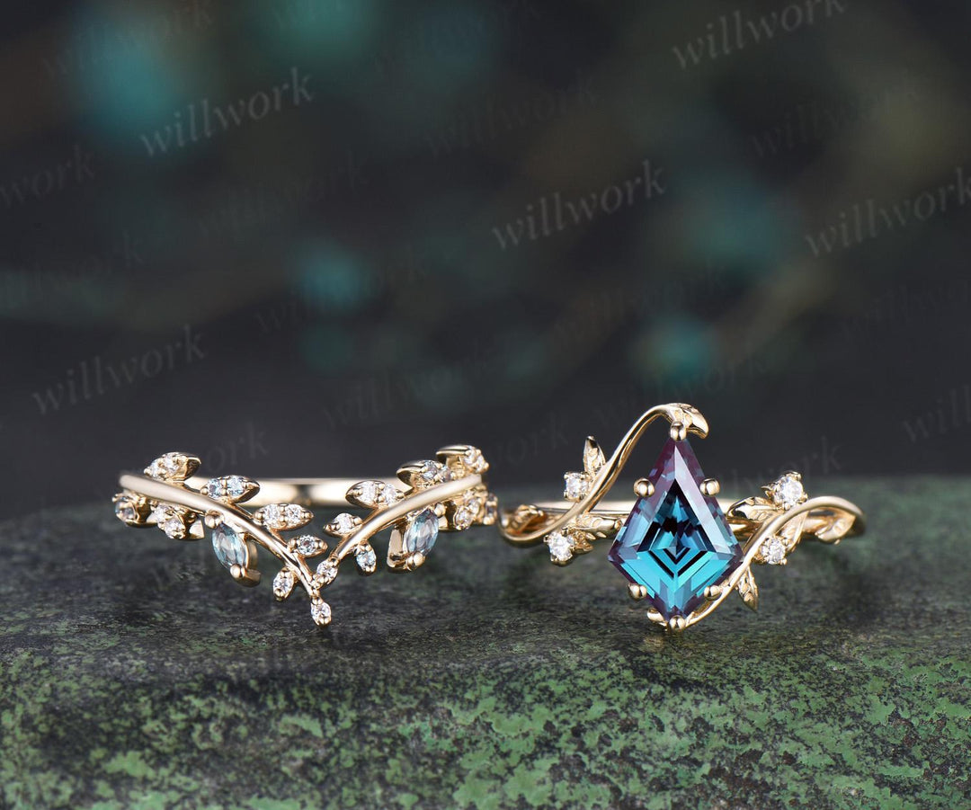 Vintage kite cut alexandrite engagement ring leaf cluster nature inspired moissanite promise anniversary ring set jewelry