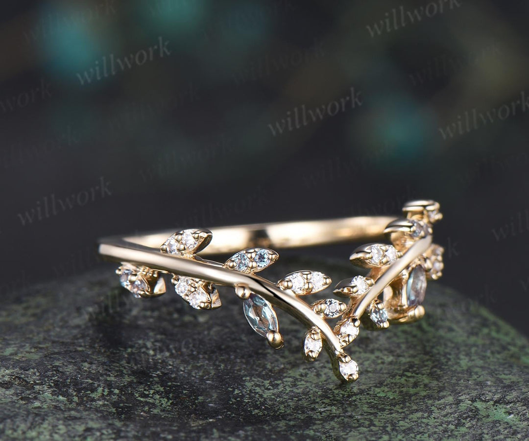 Leaf marquise alexandrite moissanite curved wedding band cluster stacking bridal ring women