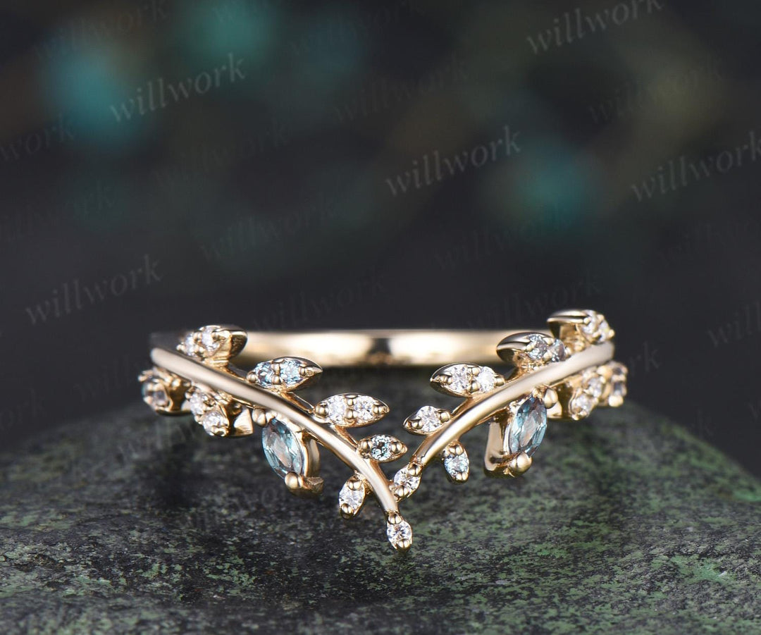 Leaf marquise alexandrite moissanite curved wedding band cluster stacking bridal ring women