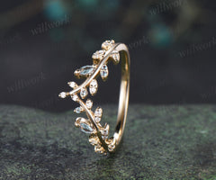Leaf marquise alexandrite moissanite curved wedding band cluster stacking bridal ring women