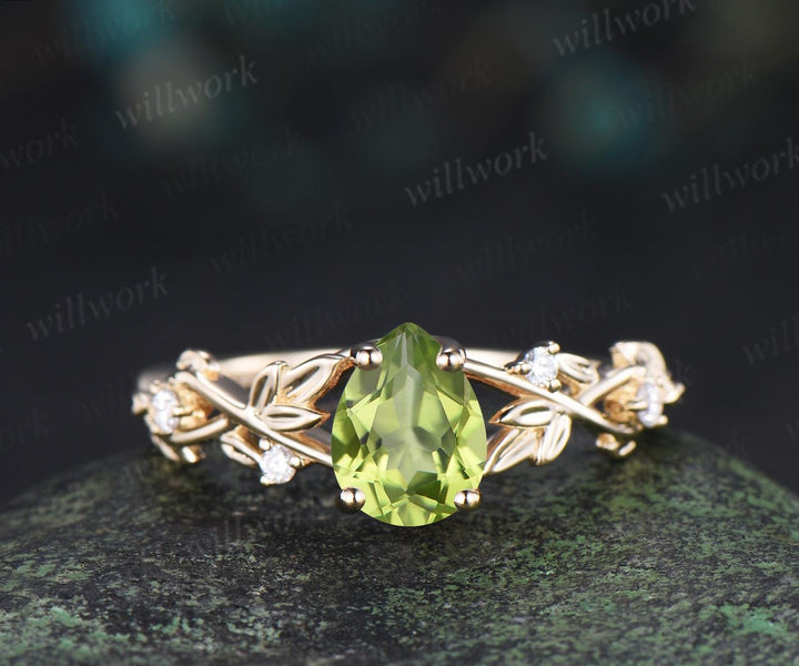 Teardrop pear shaped peridot ring vintage infinity leaf engagement ring set bridal ring set women jewelry