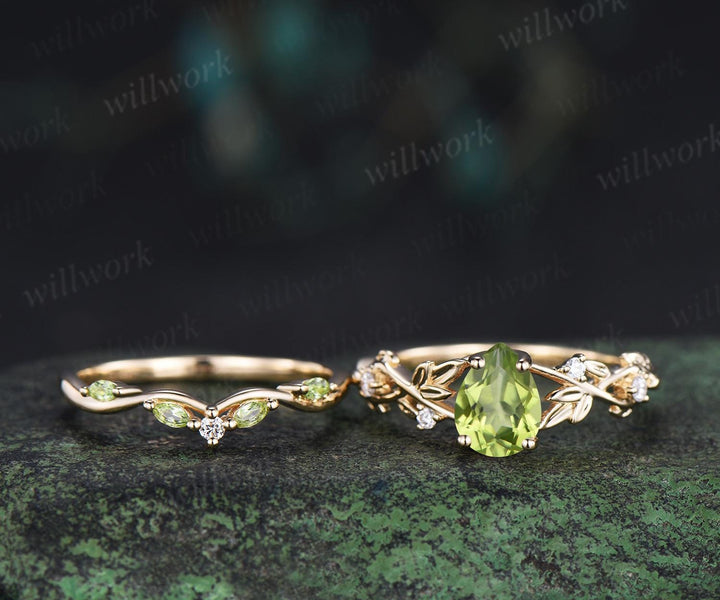 Teardrop pear shaped peridot ring vintage infinity leaf engagement ring set bridal ring set women jewelry