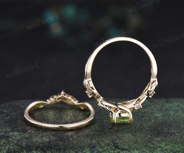 Teardrop pear shaped peridot ring vintage infinity leaf engagement ring set bridal ring set women jewelry
