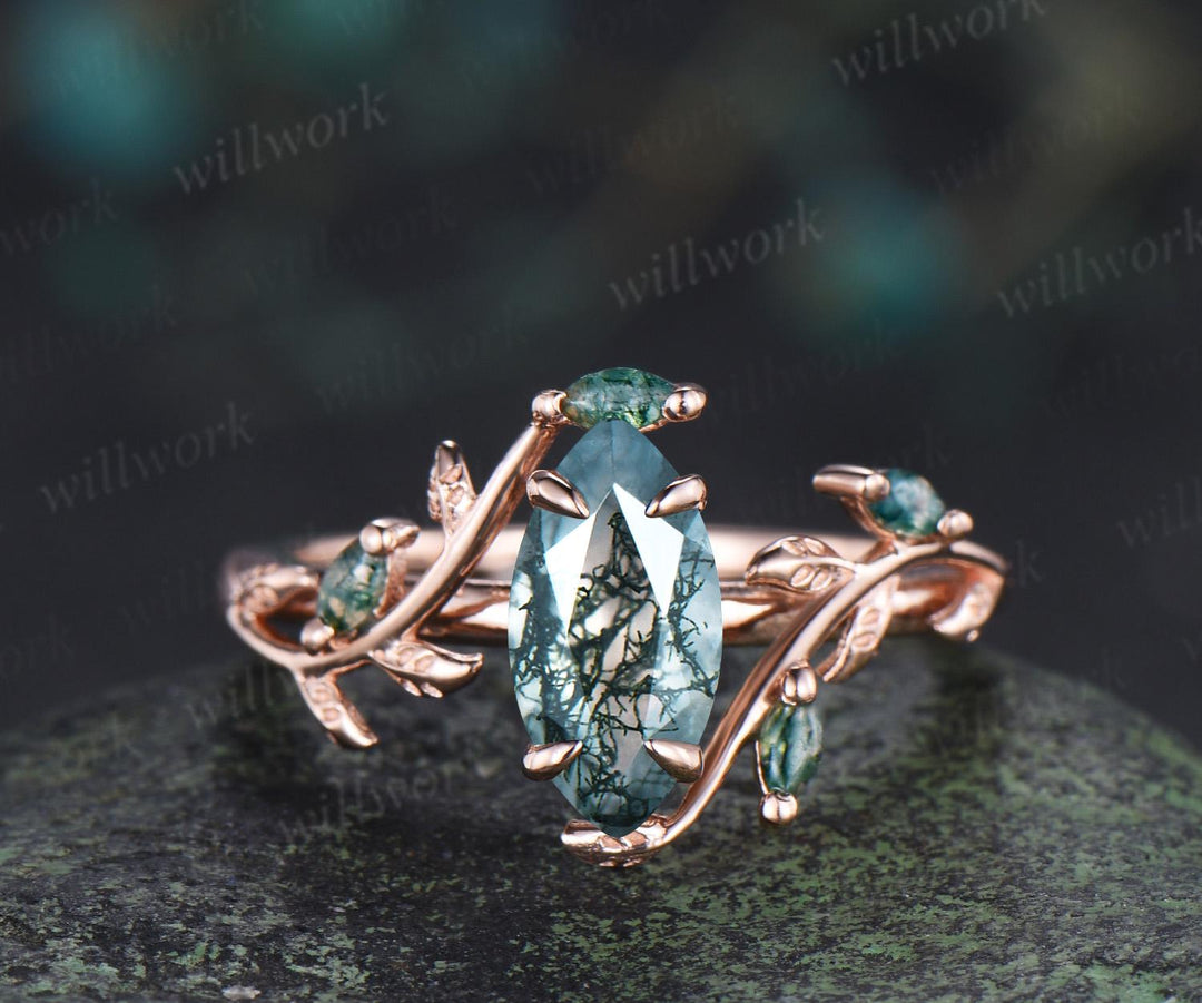 1ct marquise cut natural moss agate engagement ring vintage branch leaf nature inspired bridal wedding ring set jewelry