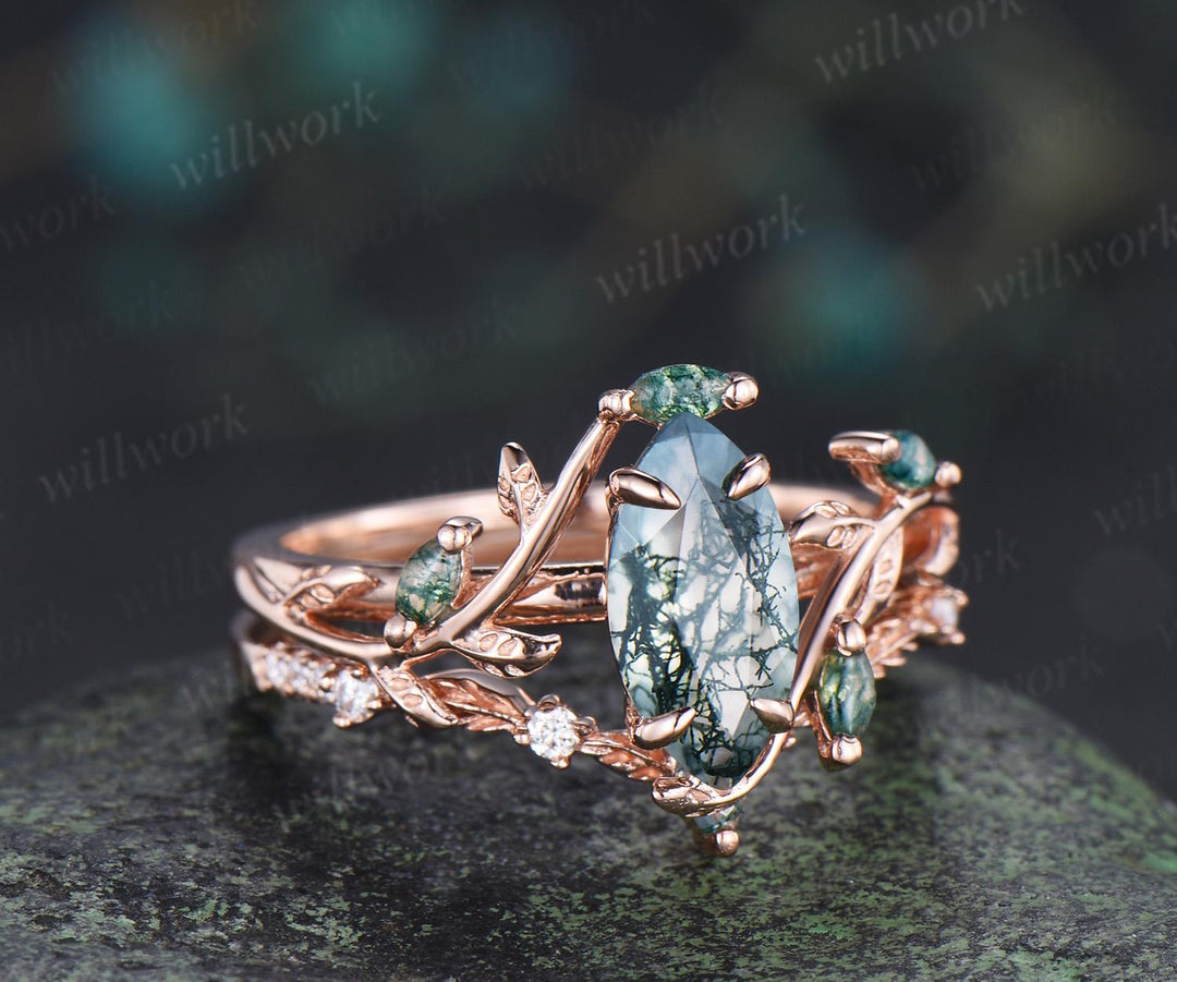 1ct marquise cut natural moss agate engagement ring vintage branch leaf nature inspired bridal wedding ring set jewelry