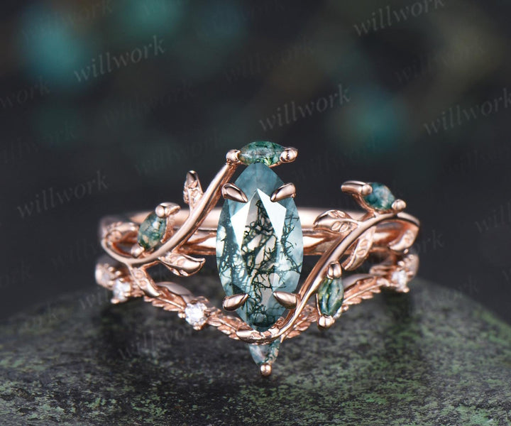1ct marquise cut natural moss agate engagement ring vintage branch leaf nature inspired bridal wedding ring set jewelry
