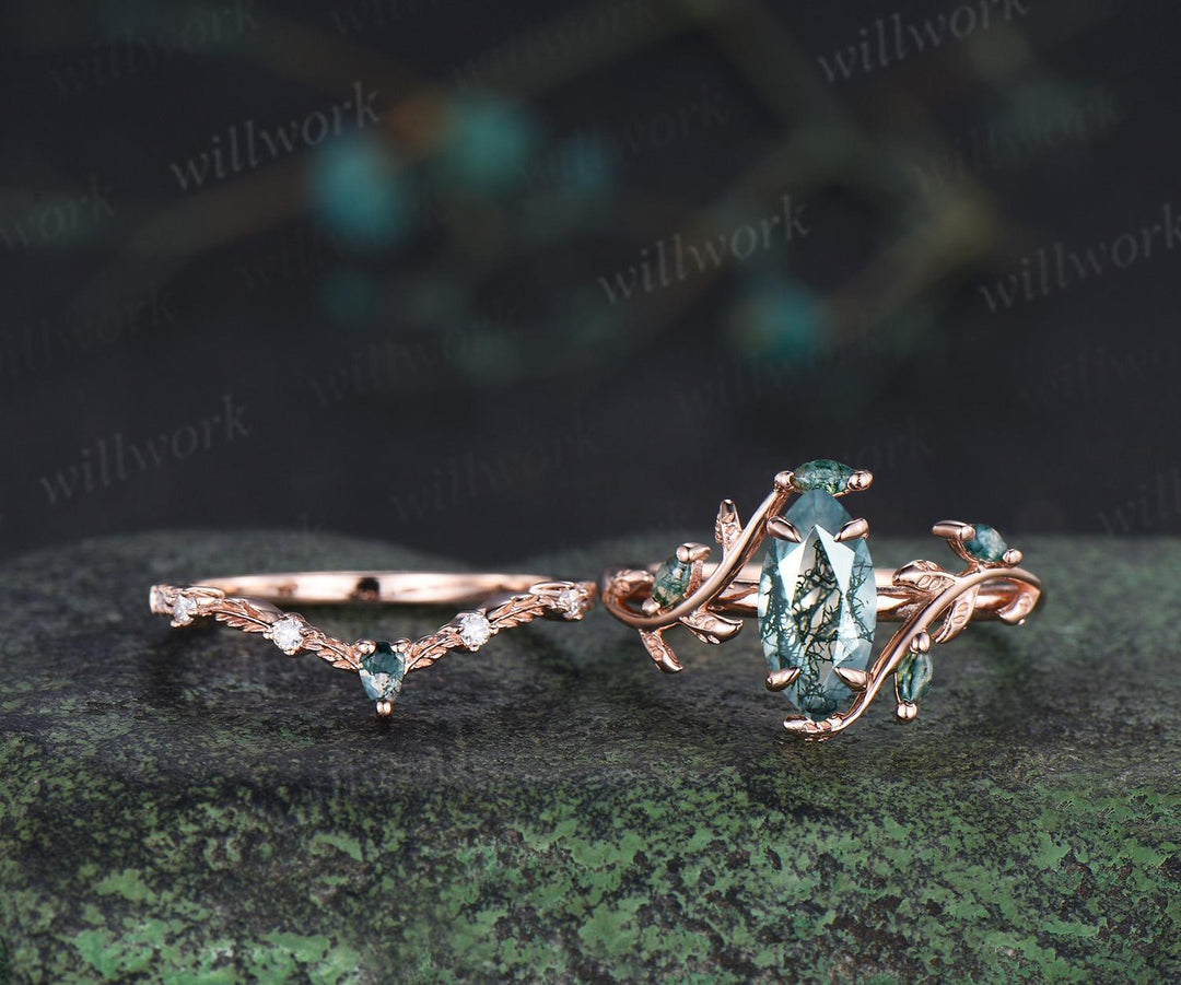 1ct marquise cut natural moss agate engagement ring vintage branch leaf nature inspired bridal wedding ring set jewelry