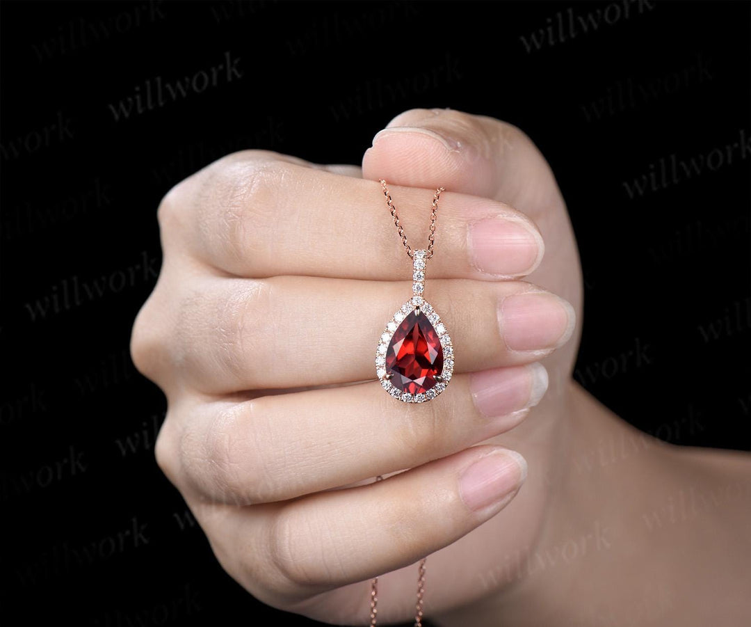 4ct teardrop pear cut red garnet necklace vintage unique halo diamond necklace pendant women promise anniversary gift
