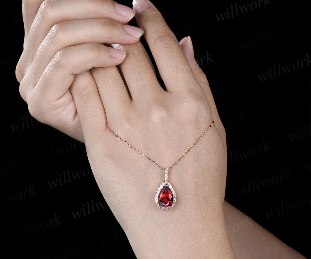 4ct teardrop pear cut red garnet necklace vintage unique halo diamond necklace pendant women promise anniversary gift