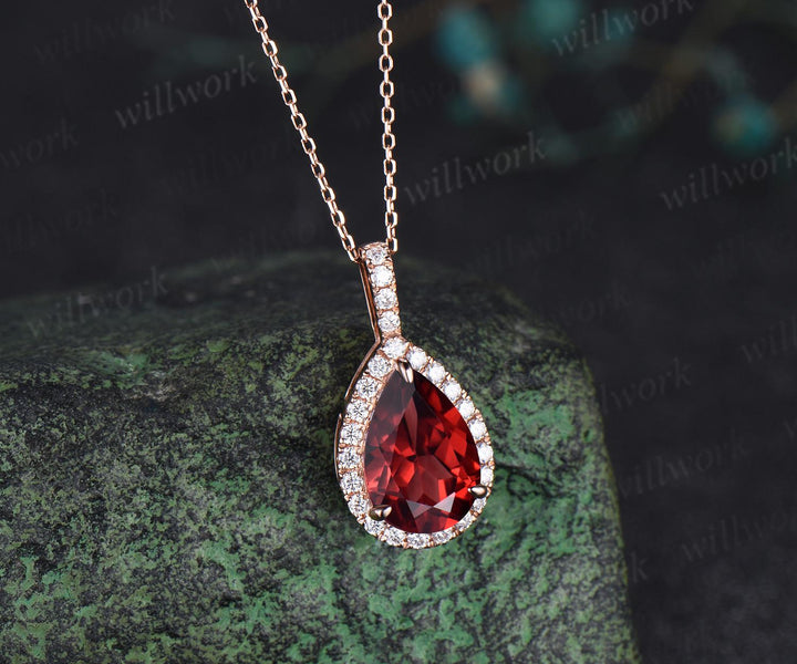 4ct teardrop pear cut red garnet necklace vintage unique halo diamond necklace pendant women promise anniversary gift