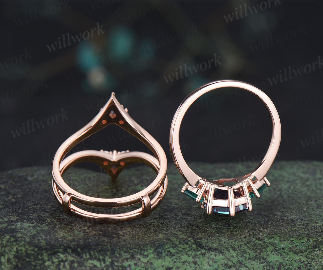 Hexagon cut Alexandrite engagement ring kite emerald three stone 6 prong enhancer wedding bridal ring set