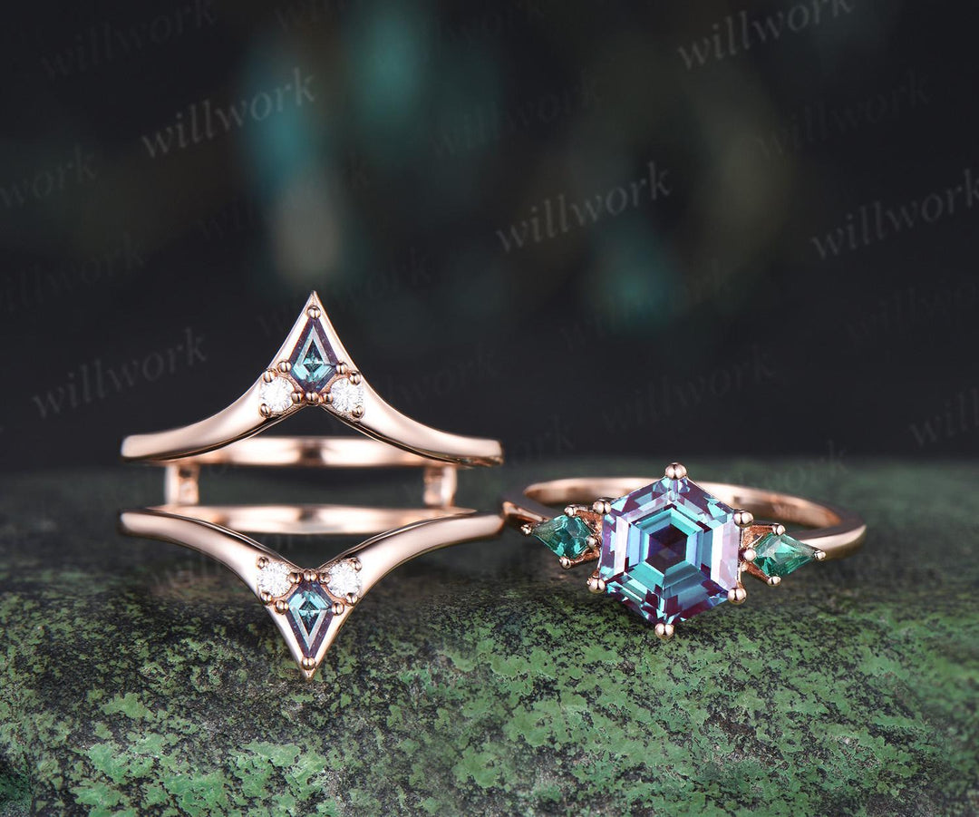 Hexagon cut Alexandrite engagement ring kite emerald three stone 6 prong enhancer wedding bridal ring set